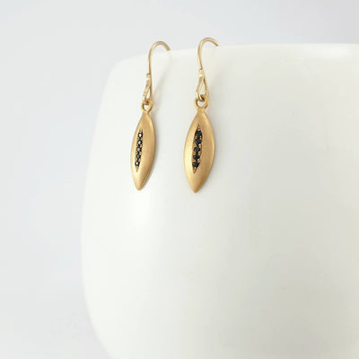 Marquise Earrings - Gold Dangles with Black Spinel Gemstones