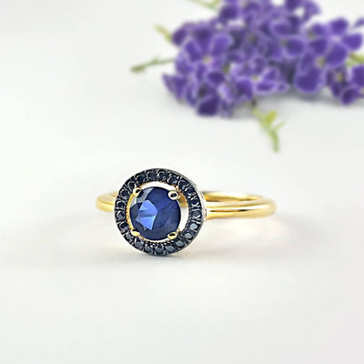Blue Sapphire & Black Diamonds Gold Ring