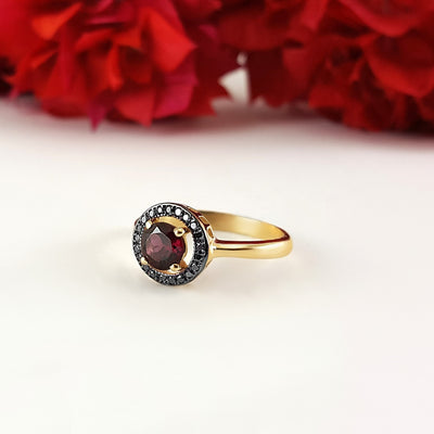 Red Garnet & Black Diamonds Gold Ring